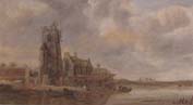 unknow artist A river landscape with flgures unloading boats before a church